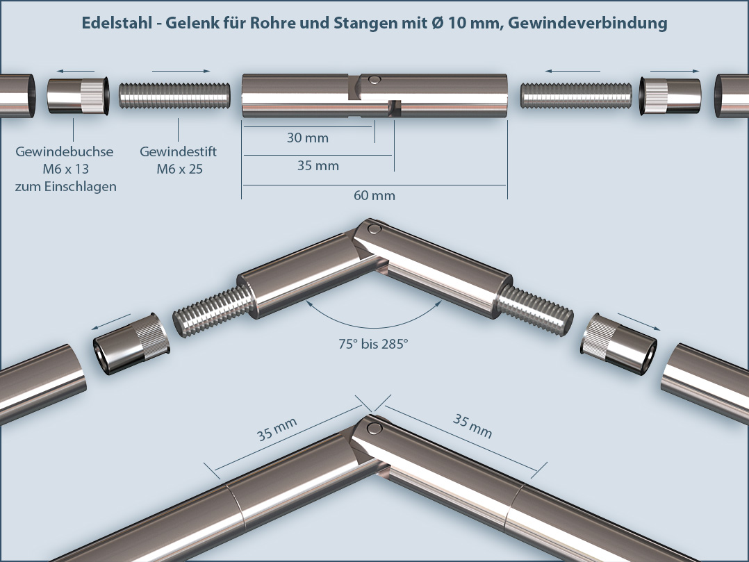 Joint made of stainless steel with threaded connection for sloping ceilings or walls